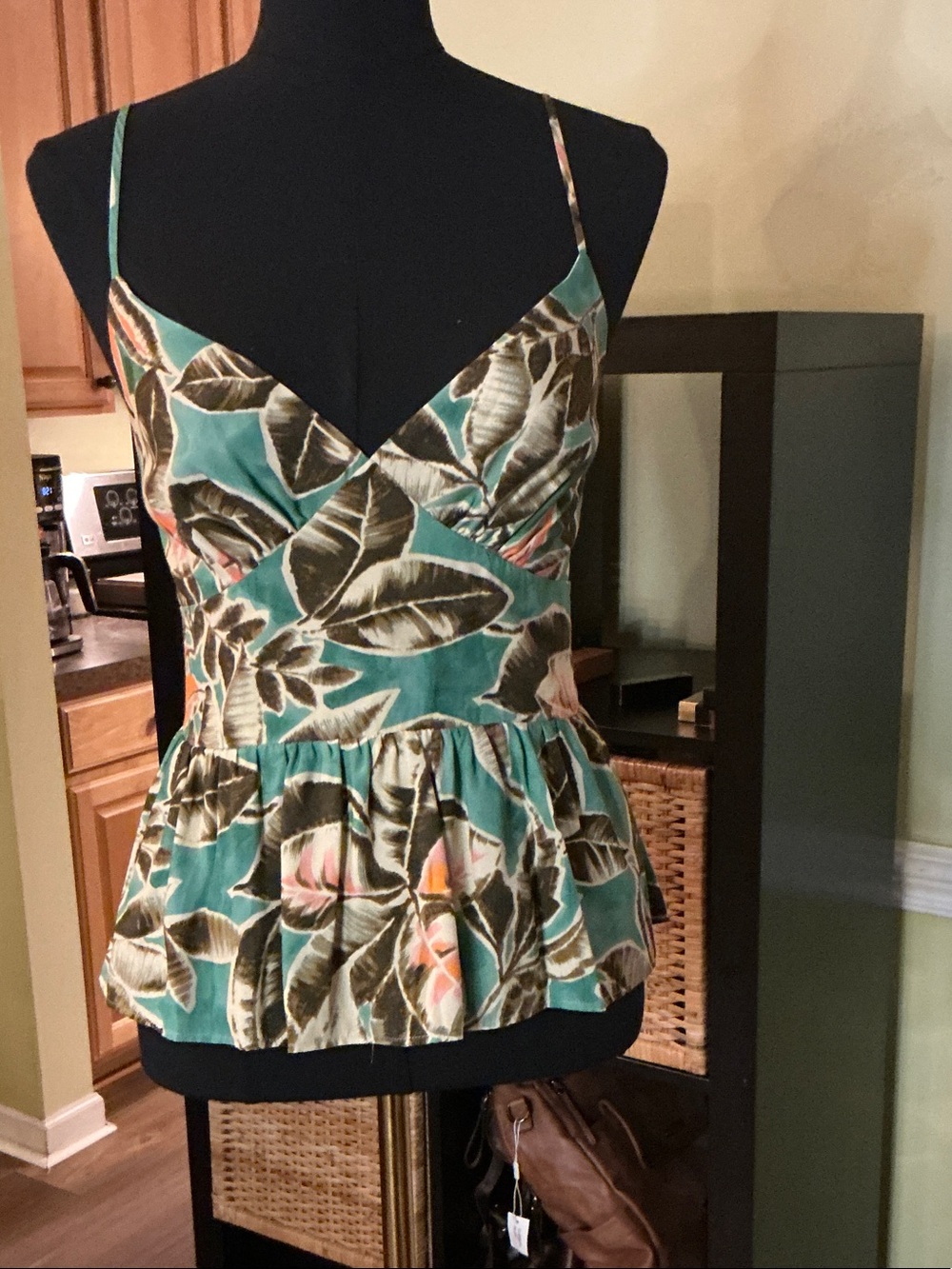 Lavender Brown Teal Tropical Print Peplum Camisole